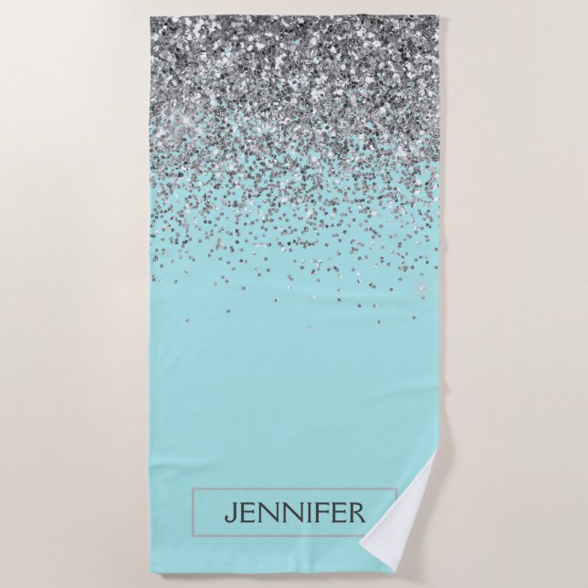 Teal Aqua Blue  Silver Glitter Girly Monogram Name Beach Towel (Front)