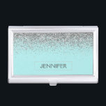 Teal Aqua Blue Silver Glitter Girly Monogram Name Business Card Holder<br><div class="desc">Teal Aqua Blue and Silver Sparkle Glitter Monogram Name Business Card Holder. This makes the perfect sweet 16 birthday,  wedding,  bridal shower,  anniversary,  baby shower or bachelorette party gift for someone that loves glam luxury and chic styles.</div>