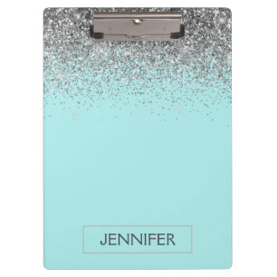 Teal Aqua Blue Silver Glitter Girly Monogram Name Clipboard