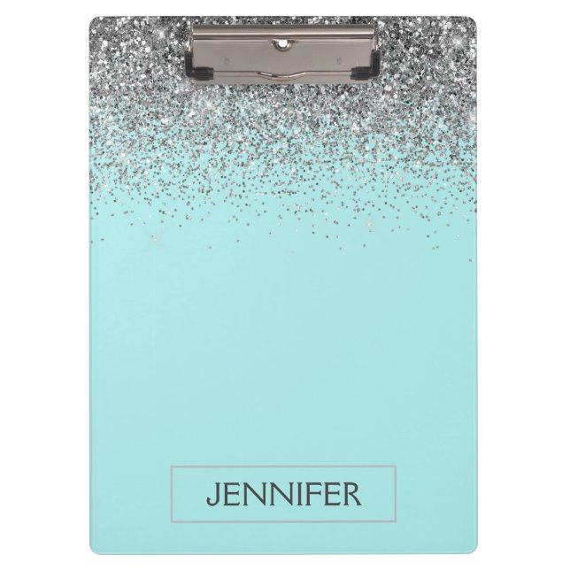 Teal Aqua Blue  Silver Glitter Girly Monogram Name Clipboard (Front)