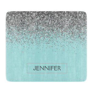 Teal Aqua Blue Silver Glitter Girly Monogram Name Cutting Board