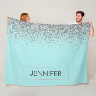 Teal Aqua Blue Silver Glitter Girly Monogram Name Fleece Blanket