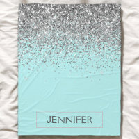 Teal Aqua Blue Silver Glitter Girly Monogram Name