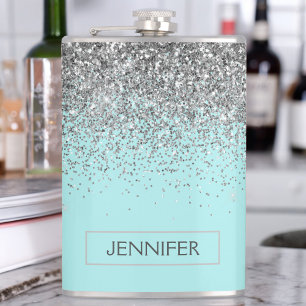 Teal Aqua Blue Silver Glitter Girly Monogram Name Hip Flask