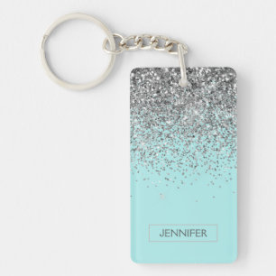 Teal Aqua Blue Silver Glitter Girly Monogram Name Key Ring