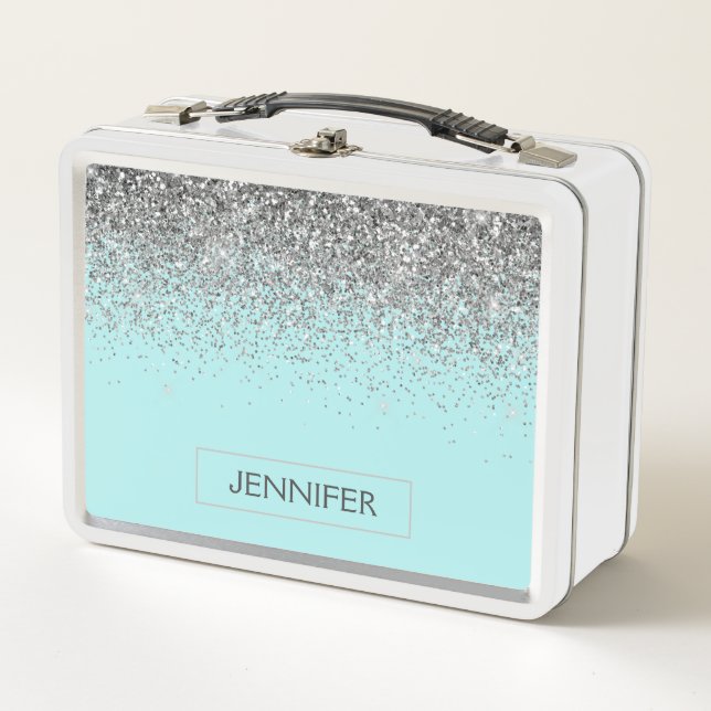 Teal Aqua Blue  Silver Glitter Girly Monogram Name Metal Lunch Box (Front)