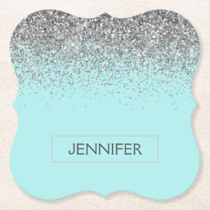 Teal Aqua Blue Silver Glitter Girly Monogram Name Paper Coaster