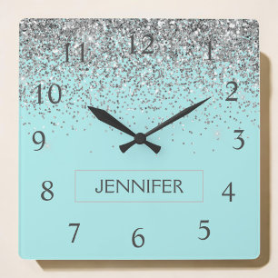 Teal Aqua Blue Silver Glitter Girly Monogram Name Square Wall Clock