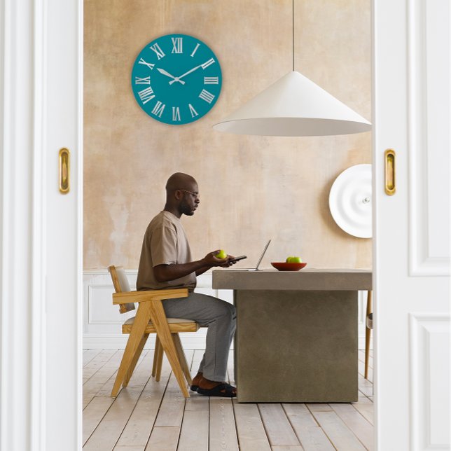 Teal Aqua Blue Silver Grey Roman Number Large Clock (Custom Logo House Real Estate Agent Gold Black Squ Classic Round Sticker)