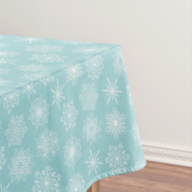 Teal Aqua Blue Snowflakes Winter Holidays Tablecloth (In Situ)