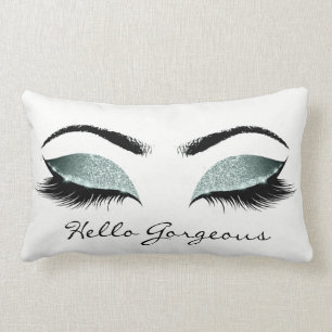 Teal Aqua Blue White Makeup Lashes Hello Gorgeous Lumbar Cushion