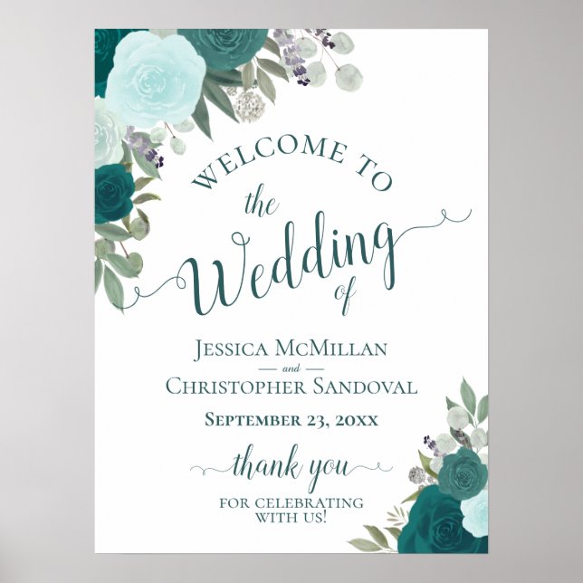Teal & Aqua Boho Chic Roses Wedding Welcome Poster (Front)