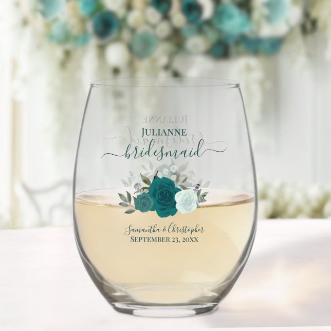 Teal Aqua Boho Roses Bridesmaid Maid of Honour Gif Stemless Wine Glass (Creator Uploaded)