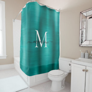 Teal Aqua Brushed Metal Monogram Girly Script Glam Shower Curtain