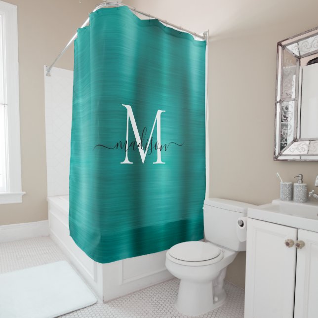 Teal Aqua Brushed Metal Monogram Girly Script Glam Shower Curtain (In Situ)