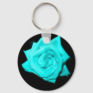 Teal aqua coloured rose solid black background key ring