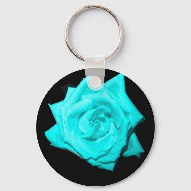 Teal aqua coloured rose solid black background key ring (Front)