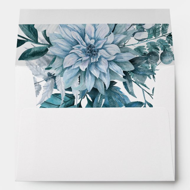 Teal, aqua dalia flowers and leaves wedding envelope (Back (Bottom))