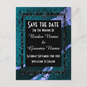 Teal aqua damask and black save the date announcement postcard