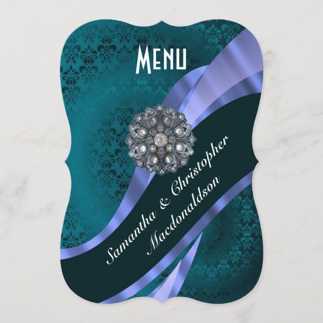 Teal aqua damask  elegant formal wedding menu (Front)