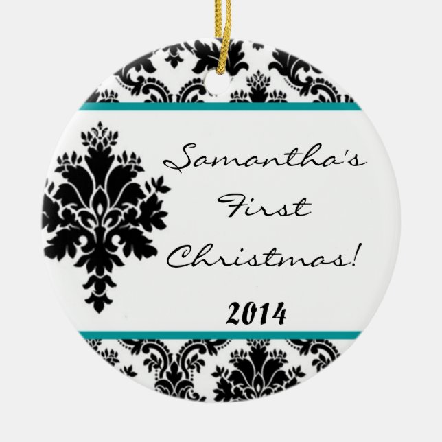 Teal Aqua Damask Lace Personalised Name Ornament (Front)