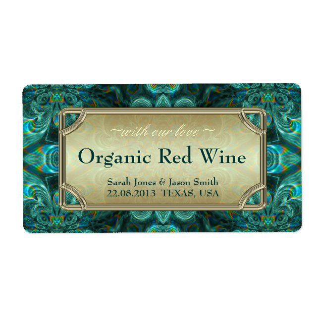Teal Aqua Fantasy Wedding  Red Gold Wine Labels (Front)