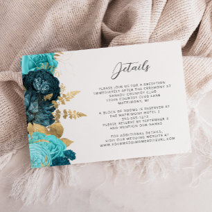 Teal Aqua Floral Gold Script Wedding Details  Enclosure Card