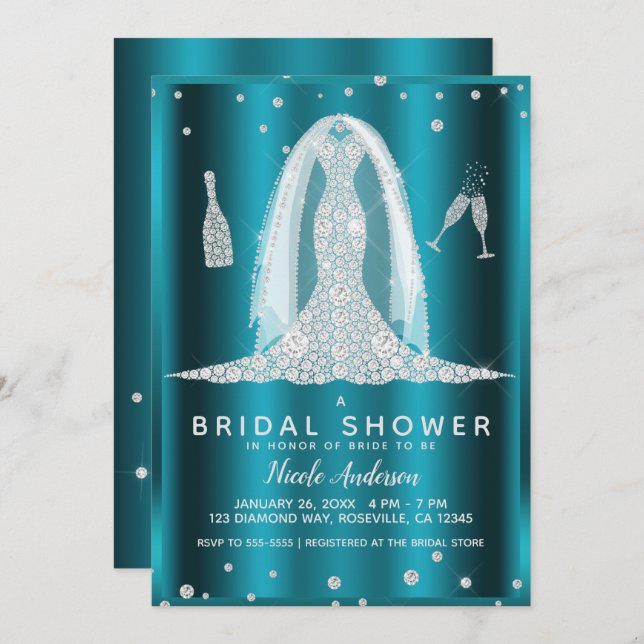 Teal Aqua Glam Diamond Wedding Dress Bridal Shower Invitation (Front/Back)