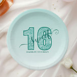 Teal Aqua Glitter Script Sweet 16 Paper Plate<br><div class="desc">Celebrate a special milestone with these elegant teal aqua glitter script Sweet 16 birthday paper plates. Featuring a stylish design with a shimmering teal number "16" and customisable script name, these plates add a touch of glamour to any sweet sixteen party. Perfect for serving cake, snacks, and party treats, these...</div>