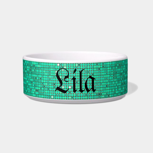 Teal Aqua Glitter Sequin Disco Glitz Pet Food Bowl (Front)