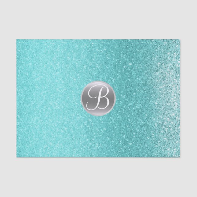 Teal Aqua Glitter Sparkle Glam Monogram Initial Tissue Paper (Front)