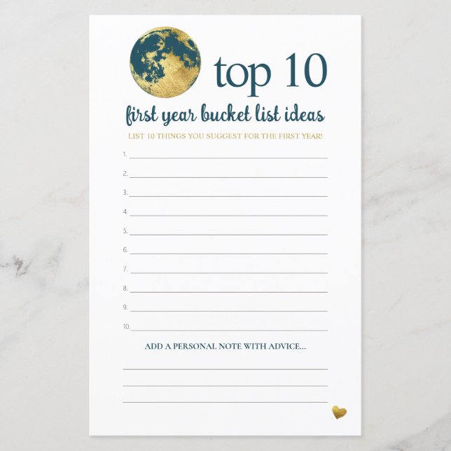 Teal Aqua Gold Bucket List Advice Baby Shower Game (Front)