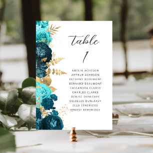 Teal Aqua Gold Floral Modern Script Wedding Table Number