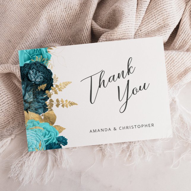 Teal Aqua Gold Floral Wedding Flat Thank You Card (Creator Uploaded)