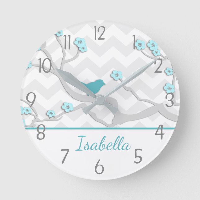 Teal Aqua Gray Bird on Branch Nursery Wall Clock (Front)