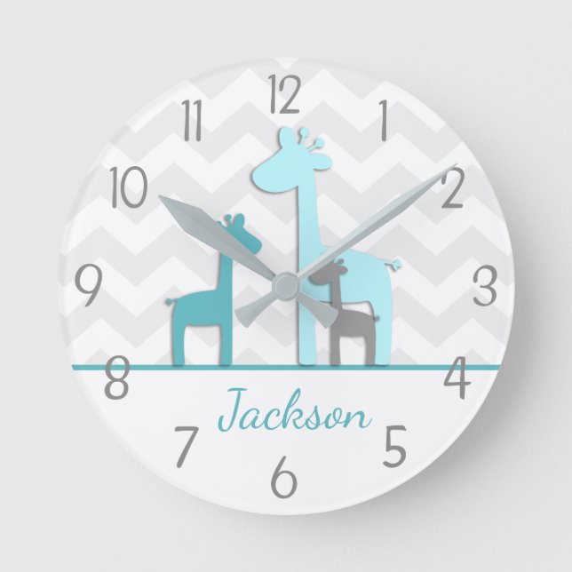 Teal Aqua Gray Giraffe Nursery Wall Clock (Front)