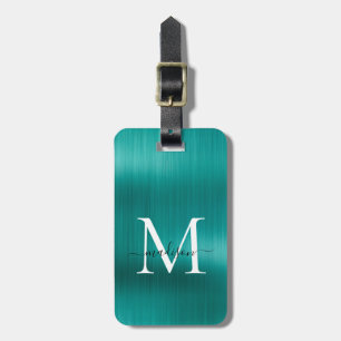 Teal Aqua Green Brushed Metal Foil Script Monogram Luggage Tag