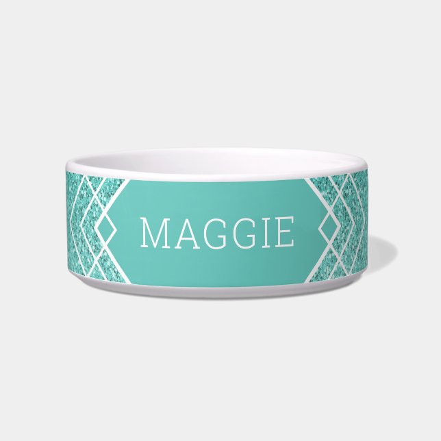 Teal Aqua Green Glitter Art Deco Pattern Girly Bowl (Front)