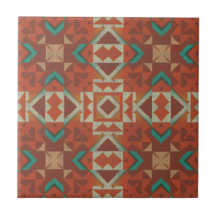 Teal Aqua Green Terracotta Orange Ethnic Tribe Art Tile