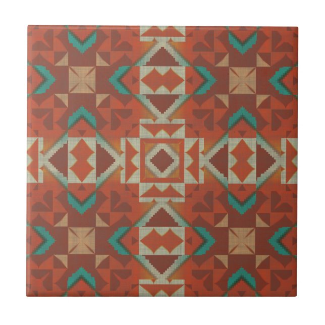 Teal Aqua Green Terracotta Orange Ethnic Tribe Art Tile (Front)
