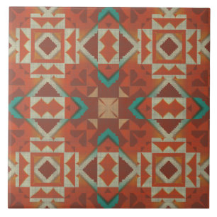 Teal Aqua Green Terracotta Orange Ethnic Tribe Art Tile