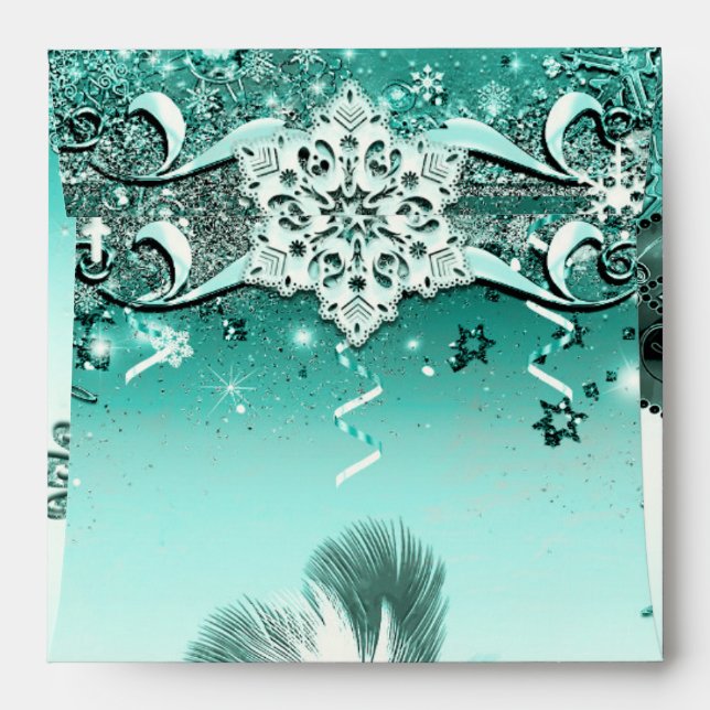 Teal Aqua Green Winter Masquerade & Snowflakes Envelope (Back (Top Flap))