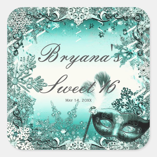 Teal Aqua Green Winter Masquerade & Snowflakes Square Sticker (Front)