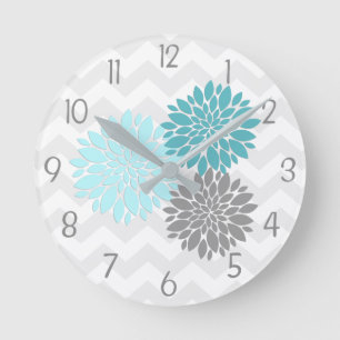 Teal Aqua Grey Dahlia Flower Nursery Wall Clock