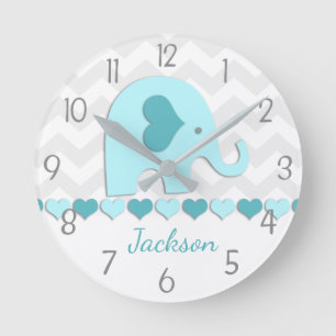 Teal Aqua Grey Elephant Nursery Wall Clock