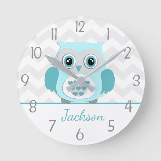 Teal Aqua Grey Owl Nursery Wall Clock (Front)