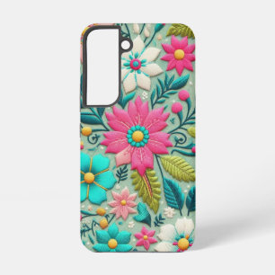 Teal Aqua Hot Pink Floral Embroidery Style  Samsung Galaxy Case