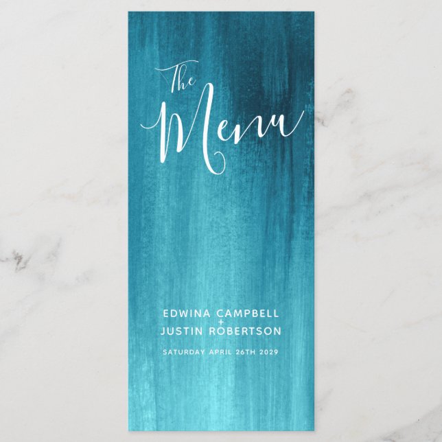 Teal aqua modern graded art wedding menu rack pack (Front)