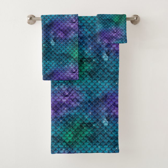 Teal Aqua Purple Mermaid Sparkle Bath Towel Set (Insitu)