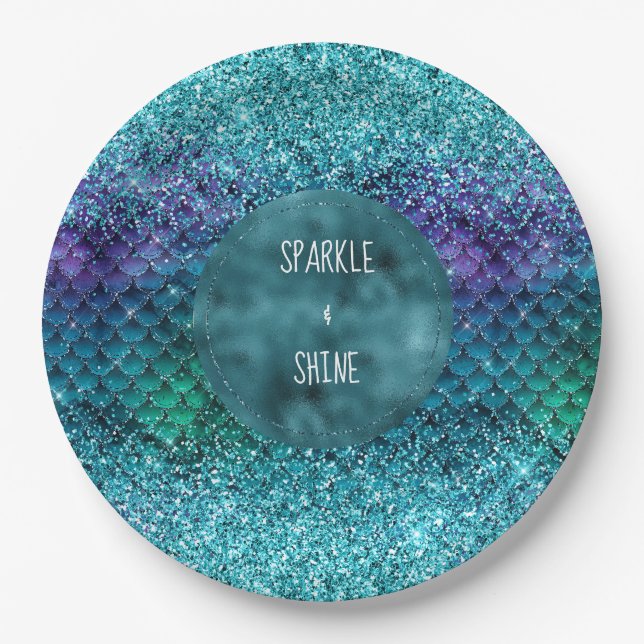 Teal Aqua Purple Mermaid Sparkle Glitter Paper Plate (Front)